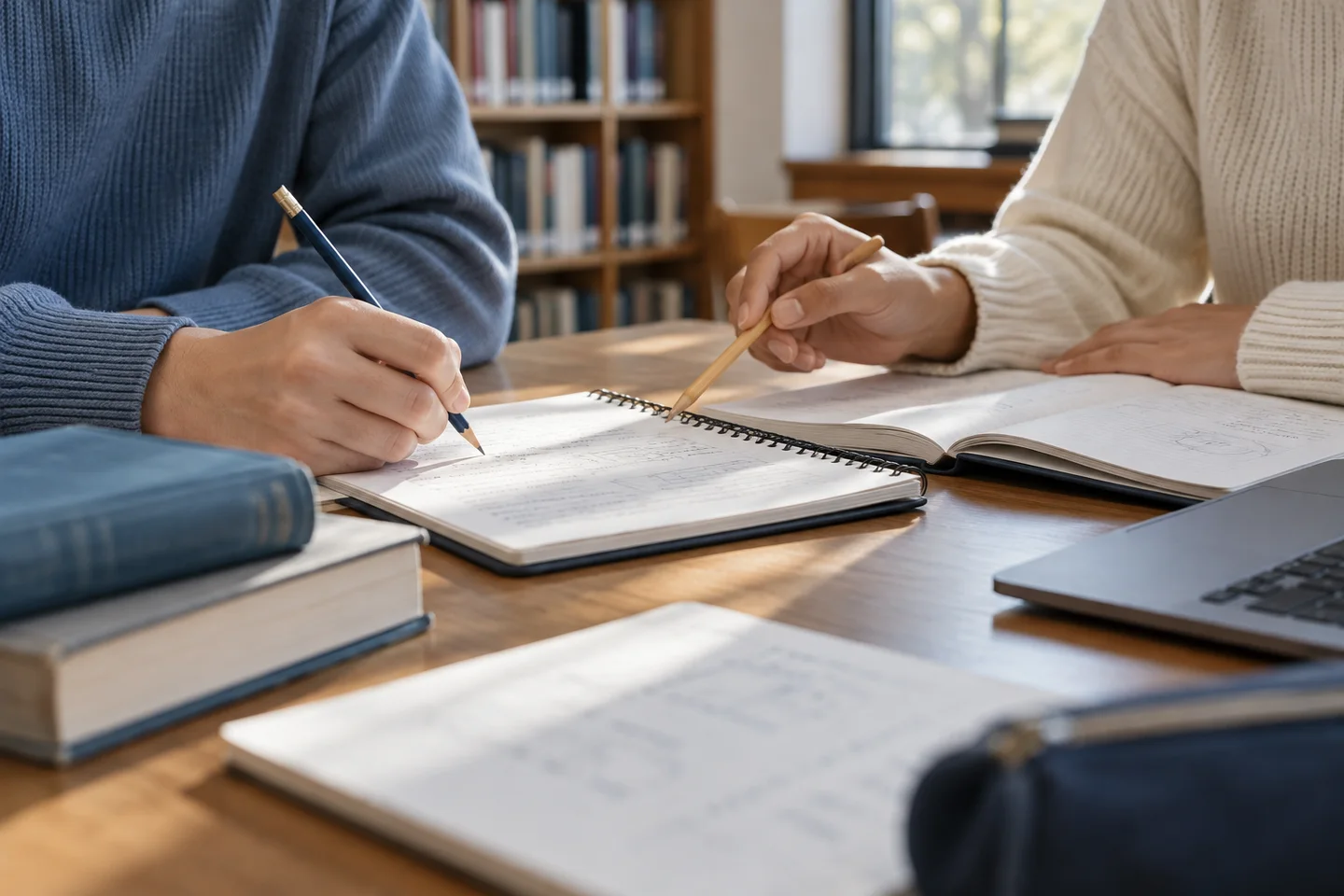 Two people working together at a table with notebooks.