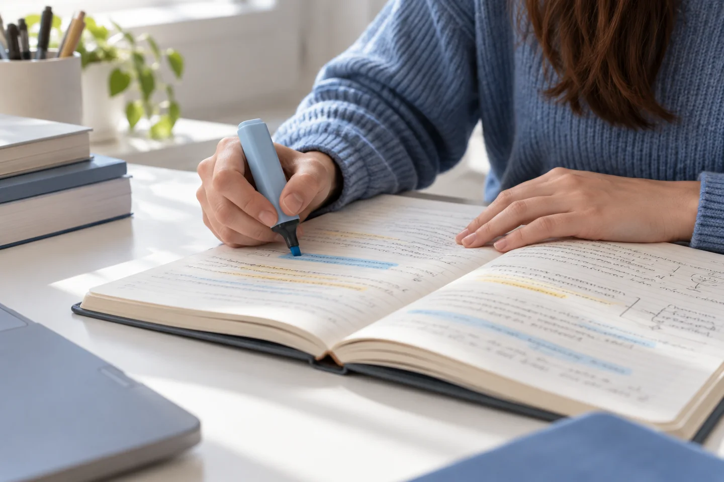 A person highlighting notes in a notebook.