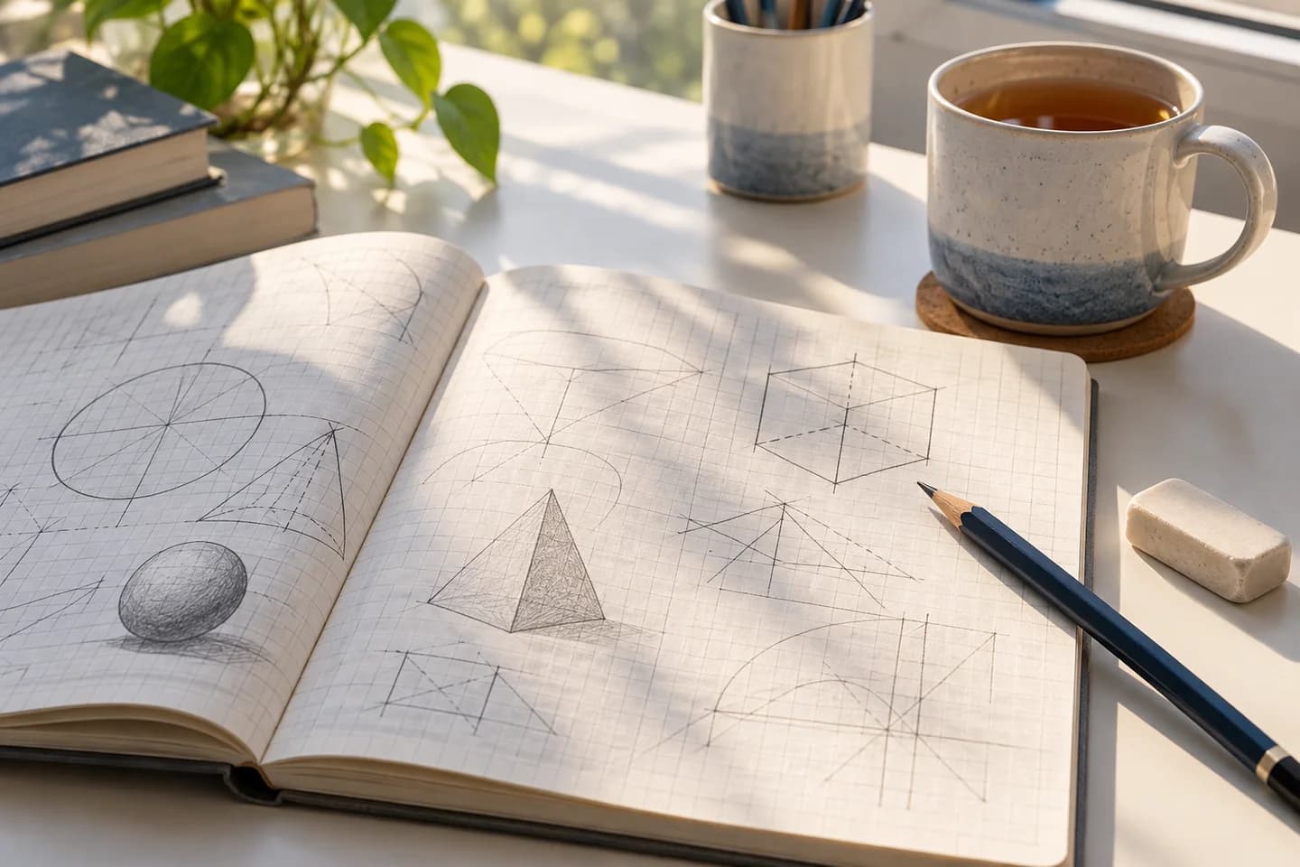 A notebook with geometry sketches and a pencil.