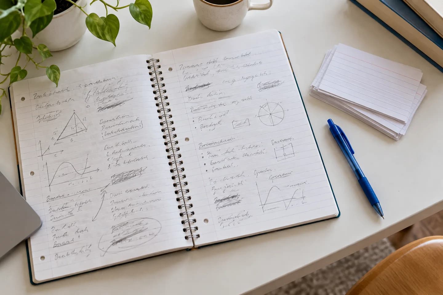 A notebook and flashcards on a study desk