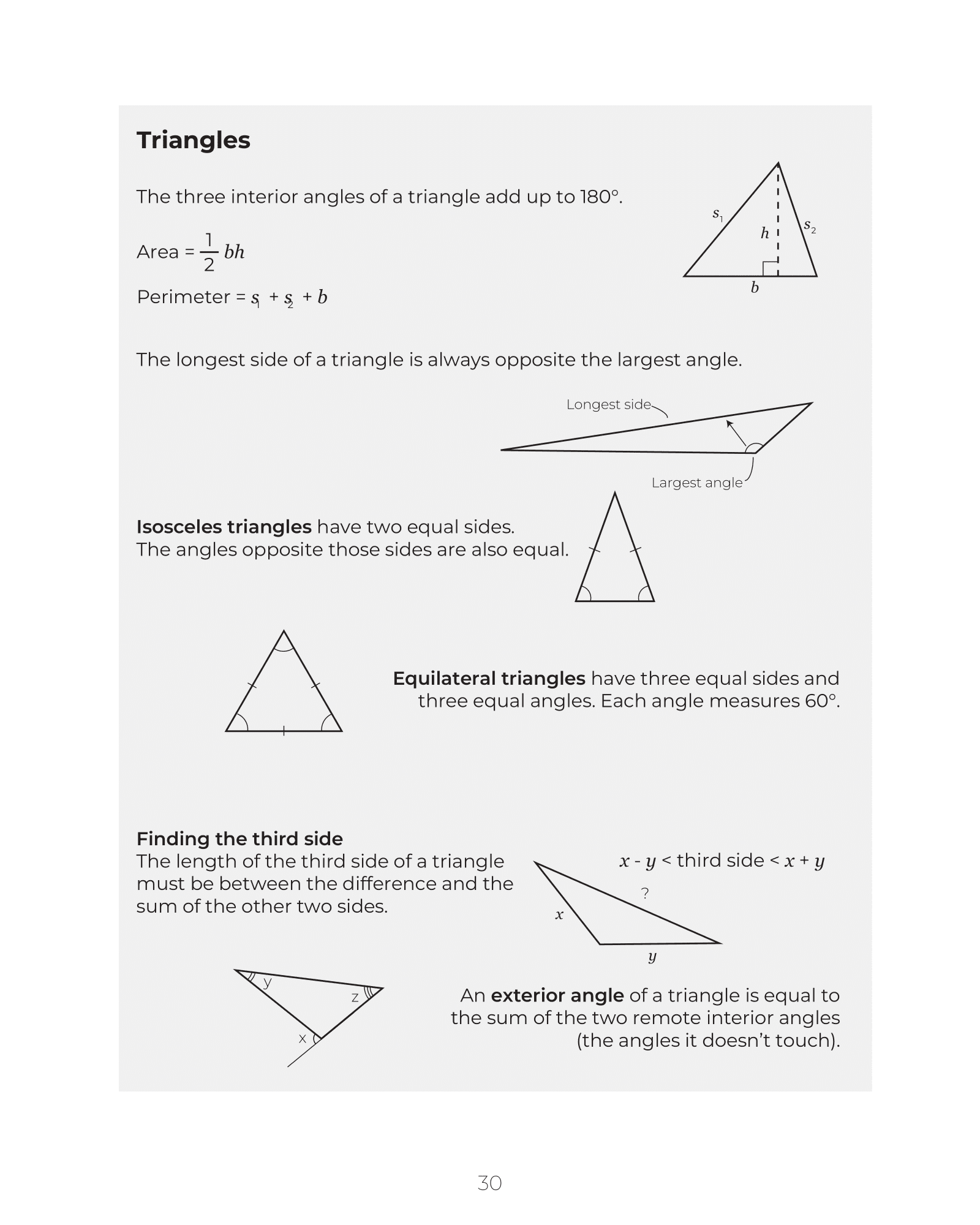 Special right triangles: 30-60-90 and 45-45-90 with their side ratios